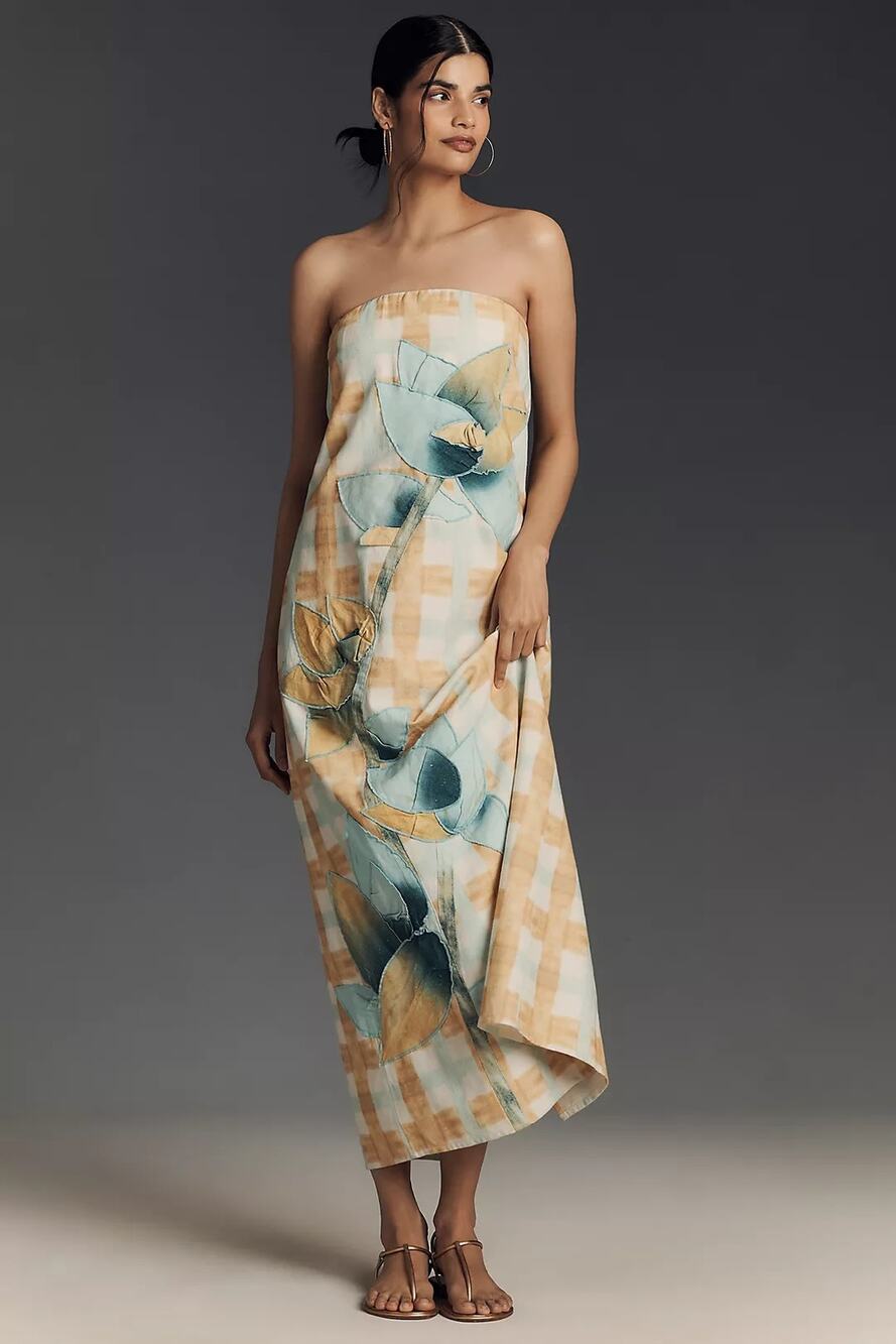 NWT Anthropologie Strapless Cotton Linen Dress $228 LARGE Blue/Yellow Applique